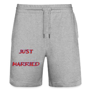 ICH HABE GERADE GEHEIRATET. Junggesellinnenabschied. HEILIGER VALENTINSTAG. PAAR. HERZ - Stanley/Stella Unisex Bio Joggingshorts Trainer  - Grau meliert - Vorne - Nik (191cm) & Marisol (170cm)