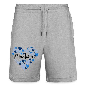 Madison Namensdesign mit herzförmigen blauen Herzen - Stanley/Stella Unisex Bio Joggingshorts Trainer  - Grau meliert - Vorne - Nik (191cm) & Marisol (170cm)