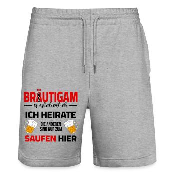 Bachelor Party Groom Outfit with Funny Saying - Stanley/Stella Trainer Unisex Organic Jogging Shorts - heather grey - Front - Nik (191cm) & Marisol (170cm)