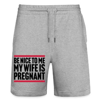 ma femme est enceinte - Short de jogging bio TRAINER Stanley/Stella unisexe - gris chiné - Devant - Nik (191cm) & Marisol (170cm)