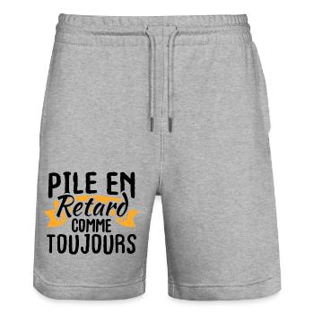 Pile en retard comme toujours - Short de jogging bio TRAINER Stanley/Stella unisexe - gris chiné - Devant - Nik (191cm) & Marisol (170cm)