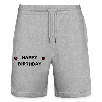 HAPPY BIRTHDAY. HAPPY BIRTHDAY. ANNIVERSARY. - Stanley/Stella Trainer Unisex Organic Jogging Shorts - heather grey - Front - Nik (191cm) & Marisol (170cm)