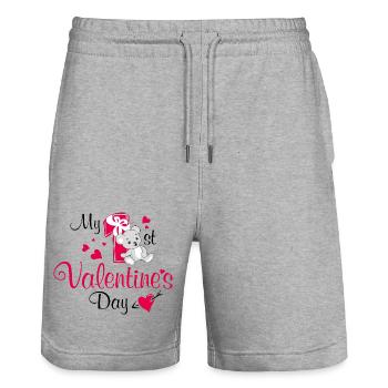 Mein erster Valentinstag. Niedliches Design - Stanley/Stella Unisex Bio Joggingshorts Trainer  - Grau meliert - Vorne - Nik (191cm) & Marisol (170cm)