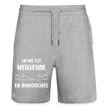 Humour babouches - Short de jogging bio TRAINER Stanley/Stella unisexe - gris chiné - Devant - Nik (191cm) & Marisol (170cm)