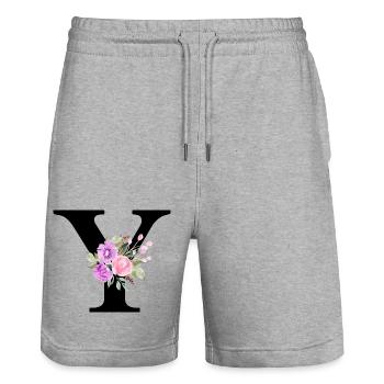 Purple floral letter y - Stanley/Stella Trainer Unisex Organic Jogging Shorts - heather grey - Front - Nik (191cm) & Marisol (170cm)