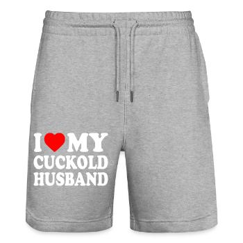i love my cuckold husband - Short de jogging bio TRAINER Stanley/Stella unisexe - gris chiné - Devant - Nik (191cm) & Marisol (170cm)