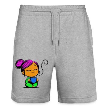 Tassmine enspannt mit einer Tasse Tee oder Kaffee - Stanley/Stella Unisex Bio Joggingshorts Trainer  - Grau meliert - Vorne - Nik (191cm) & Marisol (170cm)