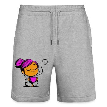 Tassmine enspannt mit einer Tasse Tee oder Kaffee - Stanley/Stella Unisex Bio Joggingshorts Trainer  - Grau meliert - Vorne - Nik (191cm) & Marisol (170cm)