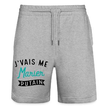 J'vais Me Marier Putain Cadeau Evg Humour Drôle - Short de jogging bio TRAINER Stanley/Stella unisexe - gris chiné - Devant - Nik (191cm) & Marisol (170cm)