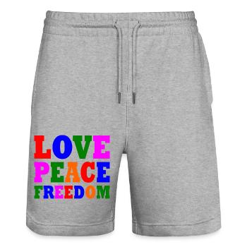 Love peace freedom - Stanley/Stella Trainer Unisex Organic Jogging Shorts - heather grey - Front - Nik (191cm) & Marisol (170cm)
