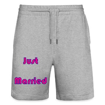 ICH HABE GERADE GEHEIRATET. Junggesellinnenabschied. HEILIGER VALENTINSTAG. PAAR - Stanley/Stella Unisex Bio Joggingshorts Trainer  - Grau meliert - Vorne - Nik (191cm) & Marisol (170cm)