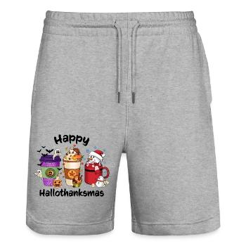 Happy Hallothanksmas Vibes Coffee - Stanley/Stella Trainer Unisex Organic Jogging Shorts - heather grey - Front - Nik (191cm) & Marisol (170cm)