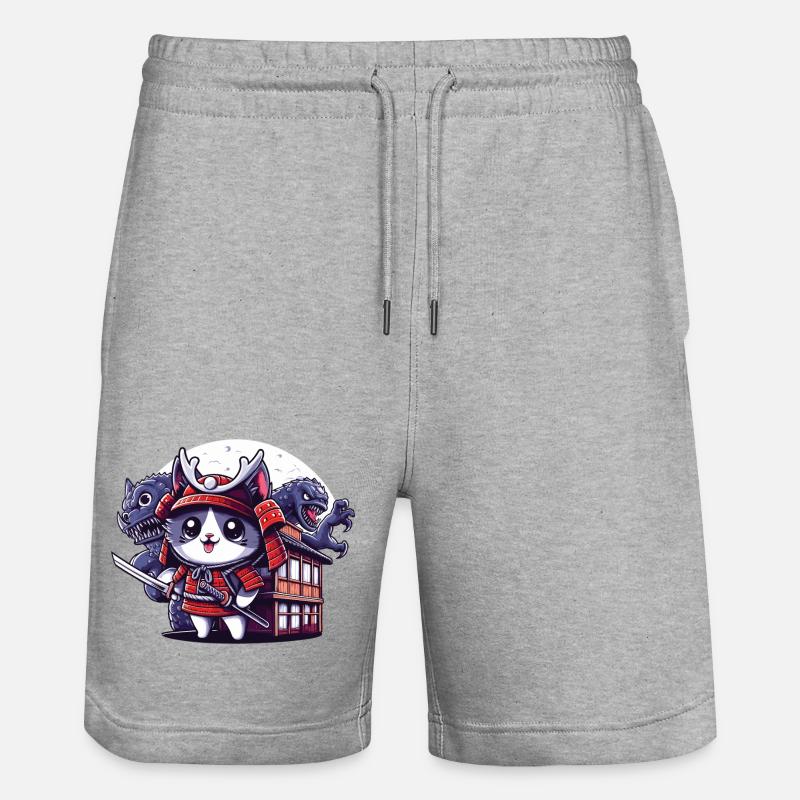 Samurai-Ninja-Katze hinter Monster und Dojo - Stanley/Stella Unisex Bio Joggingshorts Trainer  - Grau meliert