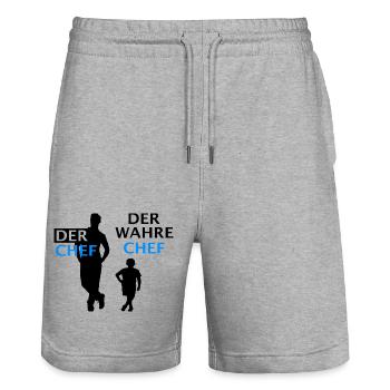 Vater Sohn Partnerlook Papa der wahre Chef - Stanley/Stella Unisex Bio Joggingshorts Trainer  - Grau meliert - Vorne - Nik (191cm) & Marisol (170cm)