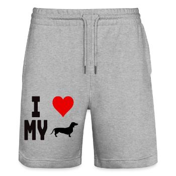 T-Shirt I Love My Dog für Hundefreunde - Stanley/Stella Unisex Bio Joggingshorts Trainer  - Grau meliert - Vorne - Nik (191cm) & Marisol (170cm)