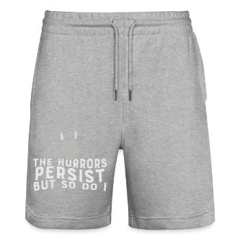 The Horrors Persist But So Do I Strength Quote - Stanley/Stella Trainer Unisex Organic Jogging Shorts - heather grey - Front - Nik (191cm) & Marisol (170cm)