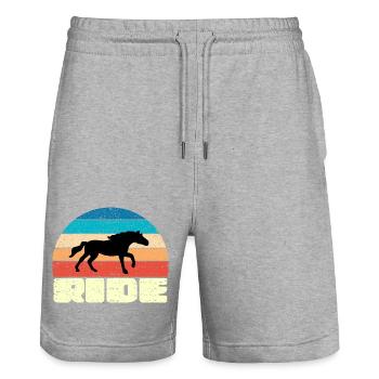 Coucher de soleil vintage avec cheval noir - Short de jogging bio TRAINER Stanley/Stella unisexe - gris chiné - Devant - Nik (191cm) & Marisol (170cm)