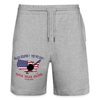 Total Solar Eclipse 2024 - Stanley/Stella Trainer Unisex Organic Jogging Shorts - heather grey - Front - Nik (191cm) & Marisol (170cm)