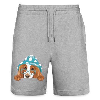 Chien Peeking Cocker Spaniel avec chapeau d’amanite bleue - Short de jogging bio TRAINER Stanley/Stella unisexe - gris chiné - Devant - Nik (191cm) & Marisol (170cm)