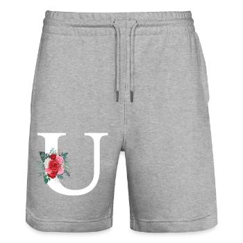 Roter floraler U-Buchstabe - Stanley/Stella Unisex Bio Joggingshorts Trainer  - Grau meliert - Vorne - Nik (191cm) & Marisol (170cm)
