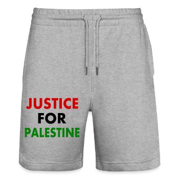Justice for palestine - Short de jogging bio TRAINER Stanley/Stella unisexe - gris chiné - Devant - Nik (191cm) & Marisol (170cm)