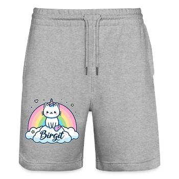 Birgit Surname First name Unicorn Cat - Stanley/Stella Trainer Unisex Organic Jogging Shorts - heather grey - Front - Nik (191cm) & Marisol (170cm)