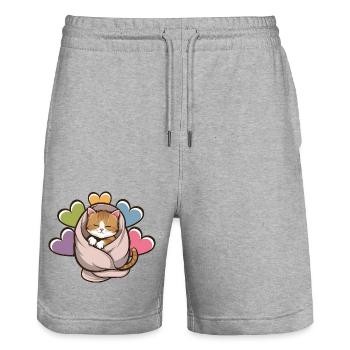 Kuscheliges Kätzchen unter Decke - Stanley/Stella Unisex Bio Joggingshorts Trainer  - Grau meliert - Vorne - Nik (191cm) & Marisol (170cm)