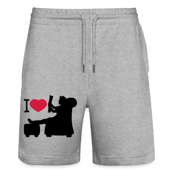 I love heart love newspaper read news wohnzi - Stanley/Stella Trainer Unisex Organic Jogging Shorts - heather grey - Front - Nik (191cm) & Marisol (170cm)