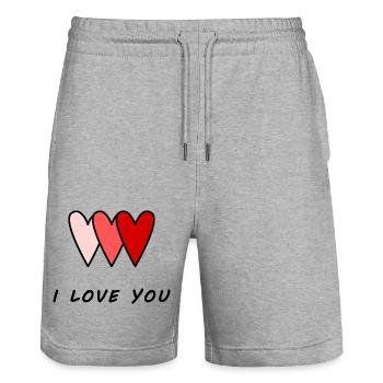 I LOVE YOU. SAINT VALENTIN. JE T'AIME. I LOVE YOU. - Stanley/Stella Trainer Unisex Organic Jogging Shorts - heather grey - Front - Nik (191cm) & Marisol (170cm)