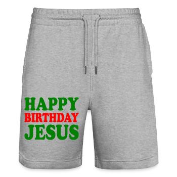 Happy birthday jesus - Short de jogging bio TRAINER Stanley/Stella unisexe - gris chiné - Devant - Nik (191cm) & Marisol (170cm)