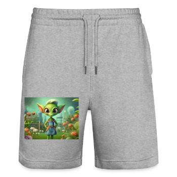 niedlicher kleiner grüner Retro-Alien-Arbeitsgarten - Stanley/Stella Unisex Bio Joggingshorts Trainer  - Grau meliert - Vorne - Nik (191cm) & Marisol (170cm)