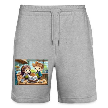 Deutsche Kinderreime illustrierter Comic Bake Cake - Stanley/Stella Unisex Bio Joggingshorts Trainer  - Grau meliert - Vorne - Nik (191cm) & Marisol (170cm)