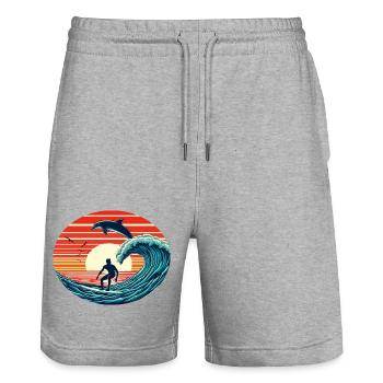Surfer with dolphin in sunset - Stanley/Stella Trainer Unisex Organic Jogging Shorts - heather grey - Front - Nik (191cm) & Marisol (170cm)