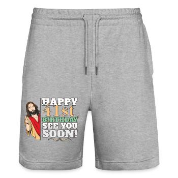 Happy 41st Birthday See You Soon Funny Jesus Meme - Stanley/Stella Trainer Unisex Organic Jogging Shorts - heather grey - Front - Nik (191cm) & Marisol (170cm)