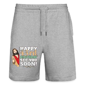 Happy 43rd Birthday See You Soon Funny Jesus Meme - Stanley/Stella Trainer Unisex Organic Jogging Shorts - heather grey - Front - Nik (191cm) & Marisol (170cm)