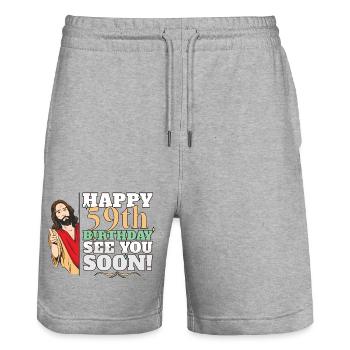 Happy 59th Birthday See You Soon Funny Jesus Meme - Stanley/Stella Trainer Unisex Organic Jogging Shorts - heather grey - Front - Nik (191cm) & Marisol (170cm)