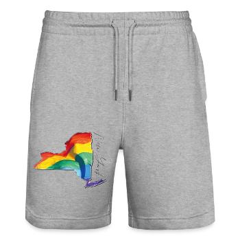 New York (United States) | Real Flag | LGBTQIA+ Script - Stanley/Stella Trainer Unisex Organic Jogging Shorts - heather grey - Front - Nik (191cm) & Marisol (170cm)