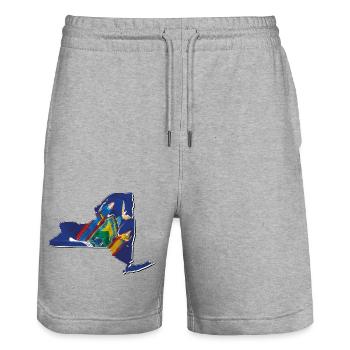 New York (United States) | Real Flag | Flag Map - Stanley/Stella Trainer Unisex Organic Jogging Shorts - heather grey - Front - Nik (191cm) & Marisol (170cm)
