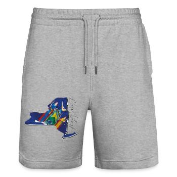 New York (États-Unis) | Drapeau réel | Flag Map Script - Short de jogging bio TRAINER Stanley/Stella unisexe - gris chiné - Devant - Nik (191cm) & Marisol (170cm)