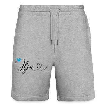 Ilja nom Prénom Calligraphie coeur - Short de jogging bio TRAINER Stanley/Stella unisexe - gris chiné - Devant - Nik (191cm) & Marisol (170cm)