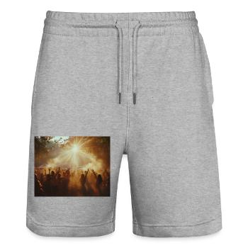 Festival sunrise - Stanley/Stella Trainer Unisex Organic Jogging Shorts - heather grey - Front - Nik (191cm) & Marisol (170cm)