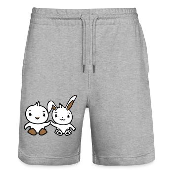 Lapin oiseau poussin 2 amis équipe deux mains tenant - Short de jogging bio TRAINER Stanley/Stella unisexe - gris chiné - Devant - Nik (191cm) & Marisol (170cm)