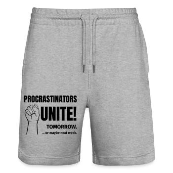procrastinators unite - Stanley/Stella Trainer Unisex Organic Jogging Shorts - heather grey - Front - Nik (191cm) & Marisol (170cm)