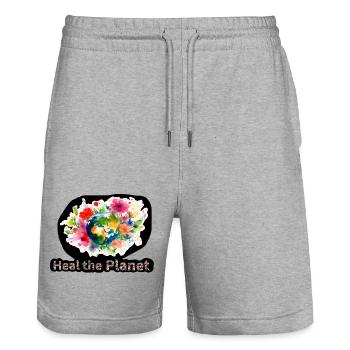Guérissez la planète, globe entouré de fleurs - Short de jogging bio TRAINER Stanley/Stella unisexe - gris chiné - Devant - Nik (191cm) & Marisol (170cm)