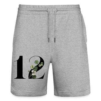 Number 12 Floral Green -12th Birthday Floral - Stanley/Stella Trainer Unisex Organic Jogging Shorts - heather grey - Front - Nik (191cm) & Marisol (170cm)