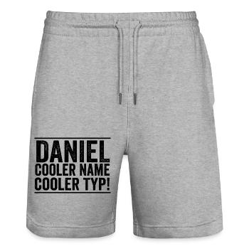 Prénom Daniel - Short de jogging bio TRAINER Stanley/Stella unisexe - gris chiné - Devant - Nik (191cm) & Marisol (170cm)