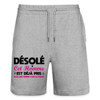 sorry this man is already taken - Stanley/Stella Trainer Unisex Organic Jogging Shorts - heather grey - Front - Nik (191cm) & Marisol (170cm)