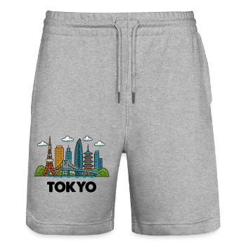 Tokyo City Skyline - Stanley/Stella Trainer Unisex Organic Jogging Shorts - heather grey - Front - Nik (191cm) & Marisol (170cm)