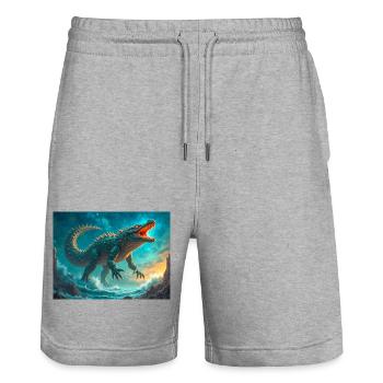 Cipactli, monstre de création aztèque de primordial - Short de jogging bio TRAINER Stanley/Stella unisexe - gris chiné - Devant - Nik (191cm) & Marisol (170cm)