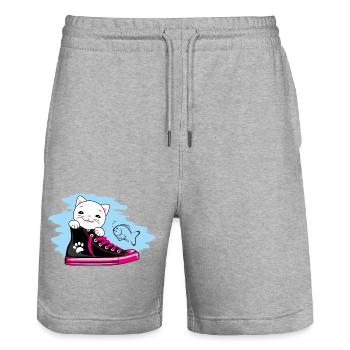 Lustiges weißes Kätzchen, das aus einem Turnschuh schaut - Stanley/Stella Unisex Bio Joggingshorts Trainer  - Grau meliert - Vorne - Nik (191cm) & Marisol (170cm)